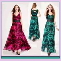 Sheer Layered Leopard Chiffon Prom Gown w/ V Neck, Belted Waist &amp; Ankle ... - $56.95