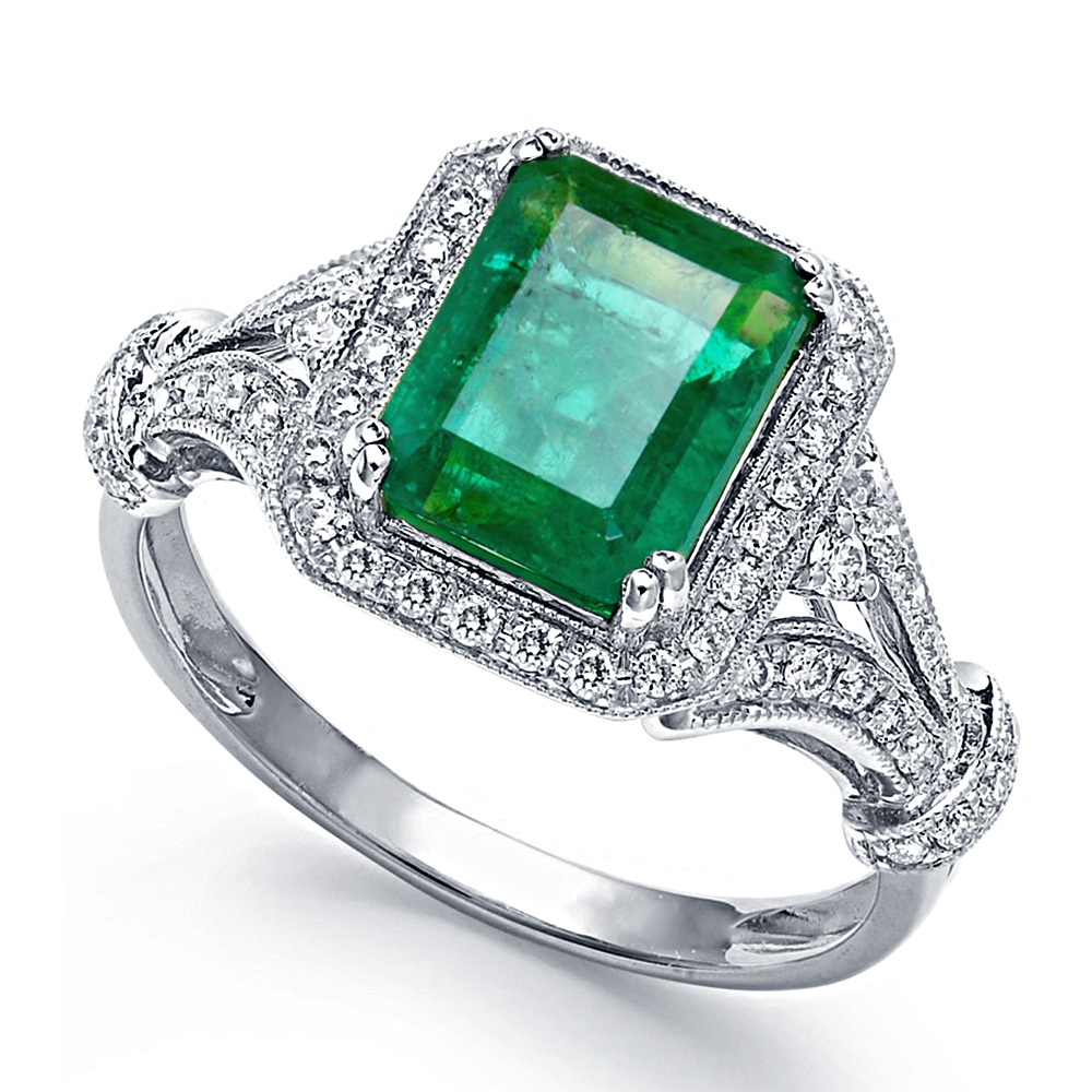 Halo Bridal Engagement Ring Emerald Cut Green Sapphire 14k White Gold ...