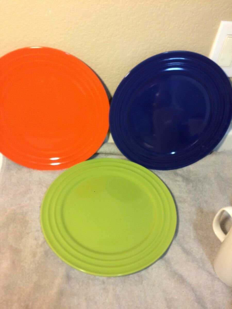 3 Rachael Ray Dinner Plates Orange Green Blue Double Ridge Free Ship Vgc Plates