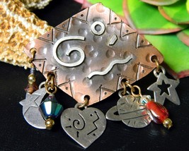 Vintage mixed metal copper silver cobre mexico brooch pin star moon thumb200