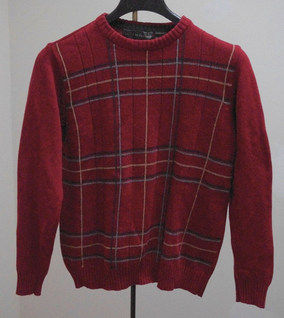 Oscar de la Renta Sz M Sweater Burgundy Red Plaid Crewneck Pullover Mens Medium - $19.39