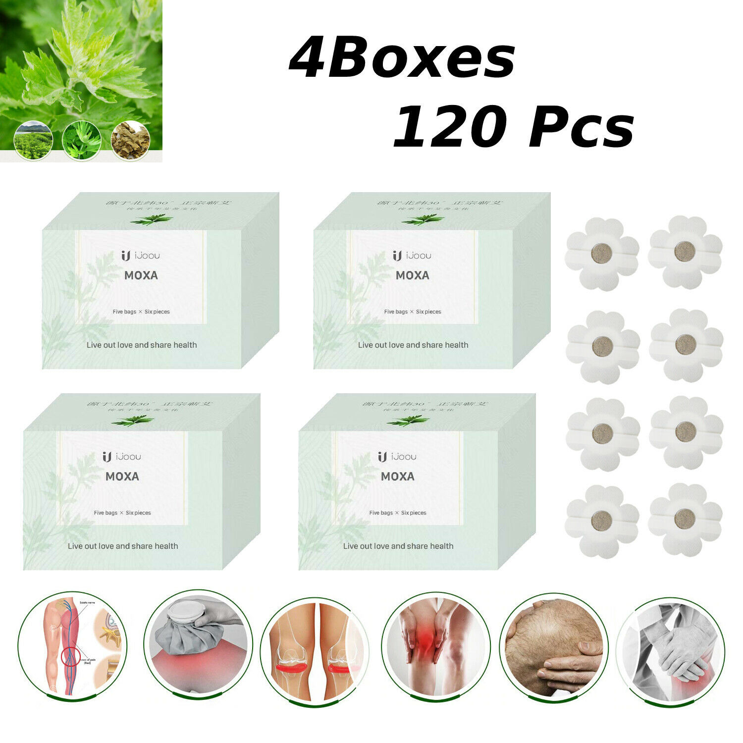 4 boxes Moxa Patch Pain Relief Patch Muscle & Joint Natural Herb Patch ((120pcs)
