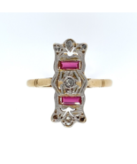 Filigree 18K Gold Ring with Diamonds and Synthetic Lab-Created Rubies (#... - $371.25