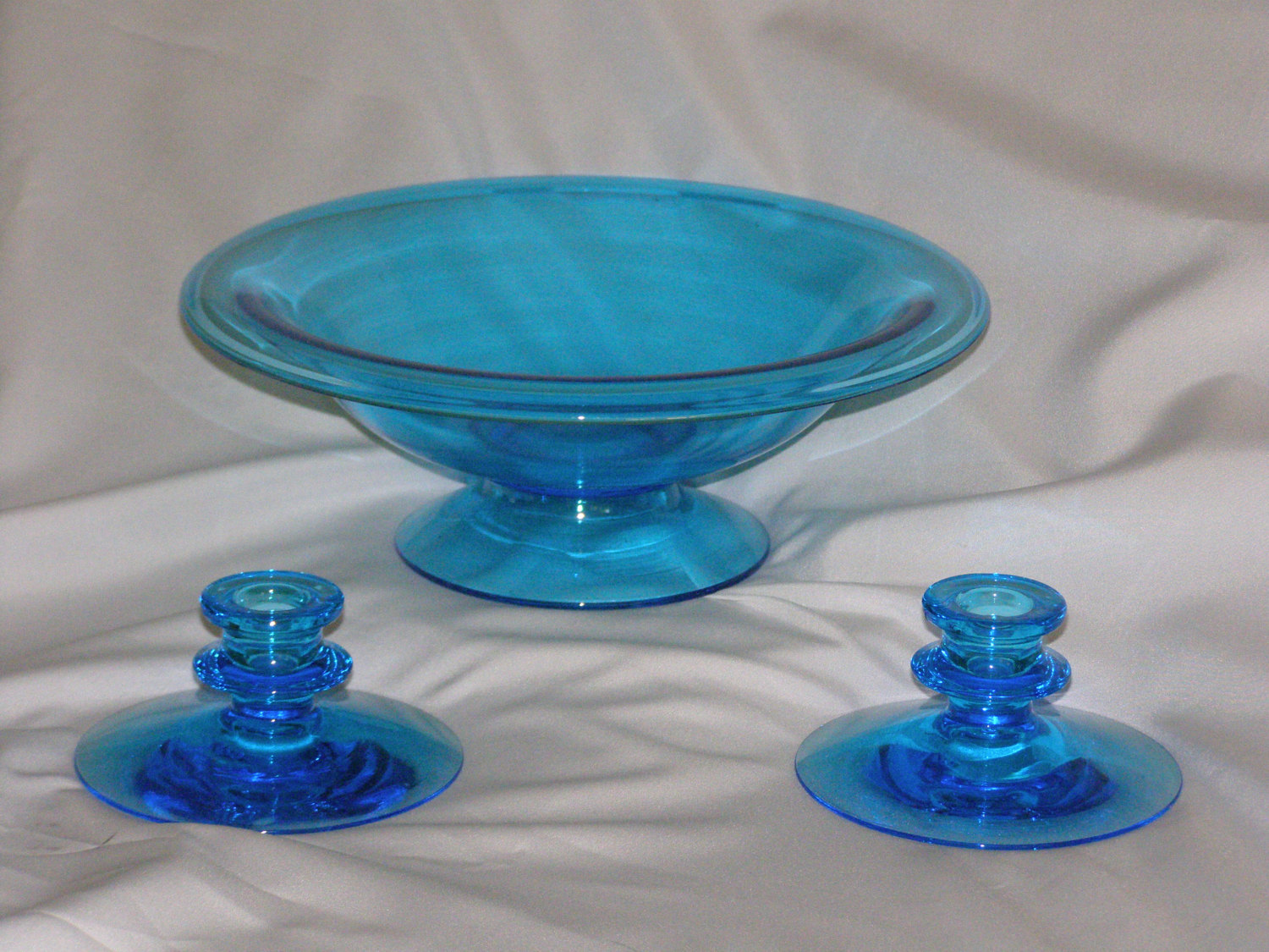 Vintage Fostoria Blue Glass Candle Holders & Centerpiece Bowl Console