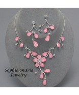 Pink Flower Crystal 2 piece Bridesmaid Wedding Party Prom Evening Necklace Set - $19.79