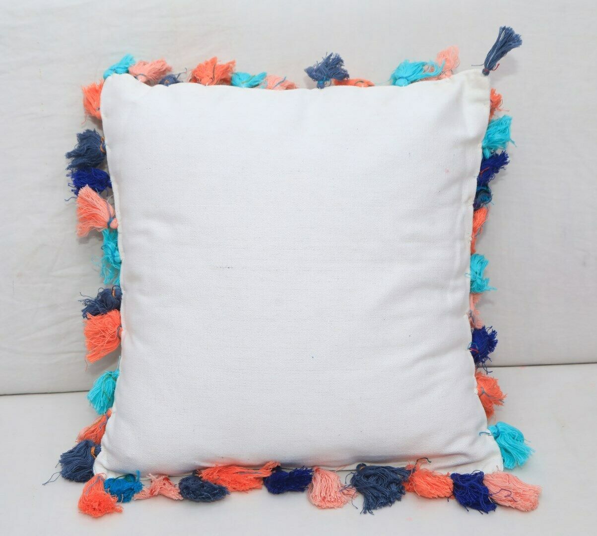 16 Rugged Textured Pure Cotton Plain Cushion/Pillow Cover With Tassels White