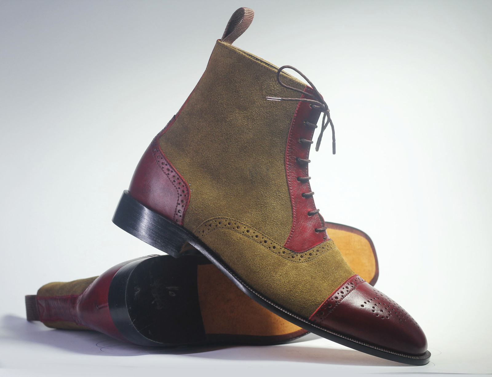 Handmade Men Burgundy & Brown Boots, Men Leather Suede Ankle High Designer Boots