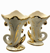 Two White &amp; Gold Ceramic Vases , Vintage English Vases PV Peasant Village - $55.74
