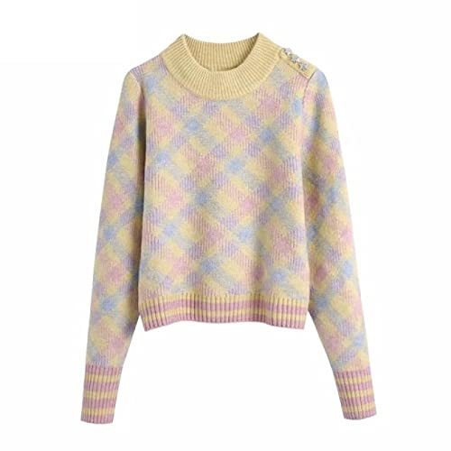 Simply Geometric Print Knitting Sweater Female Chic Shoulder Diamond Buttons Cas