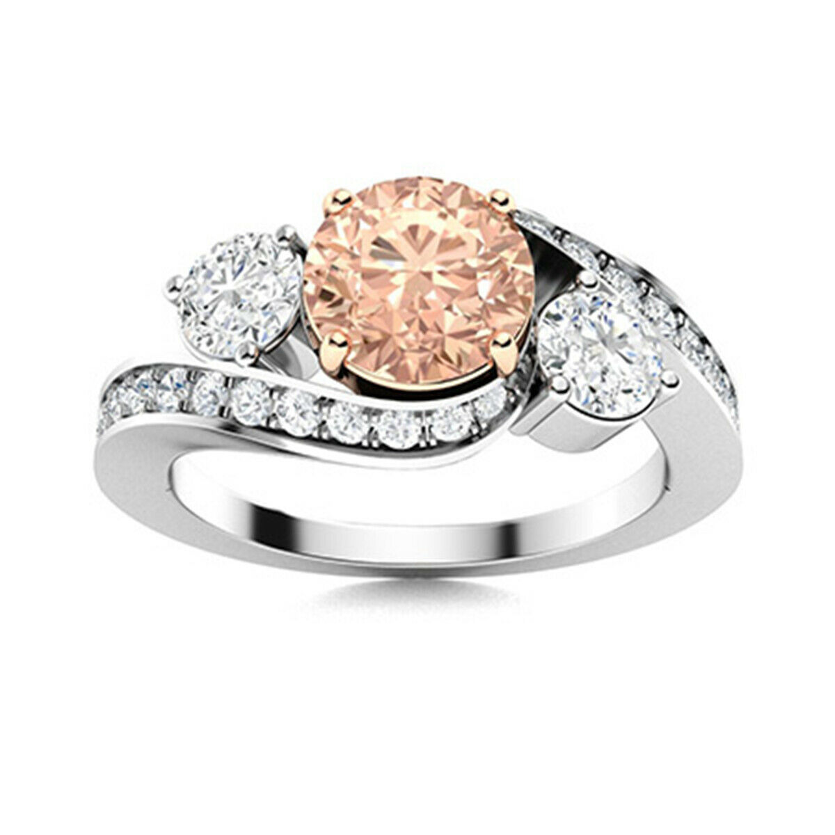 0.75 Ctw Bypass Side Stone Round Morganite Triology Ring 10K White Gold