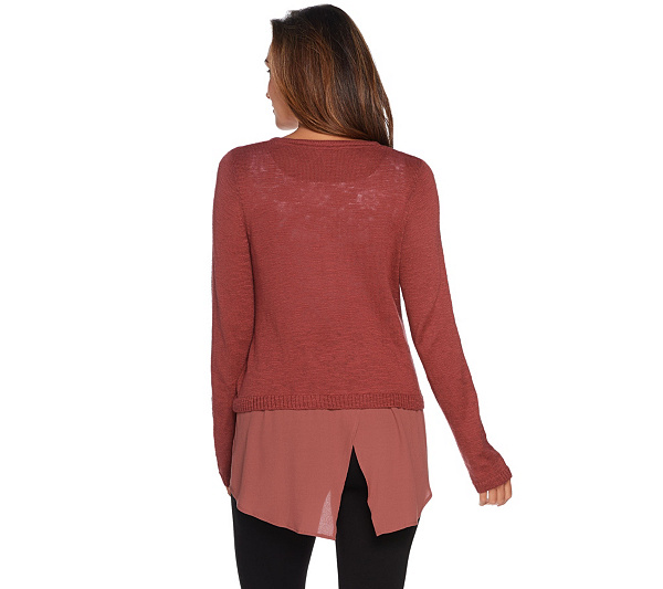 LOGO by Lori Goldstein Sweater Cardigan with Woven Panels, Red, S | eBay