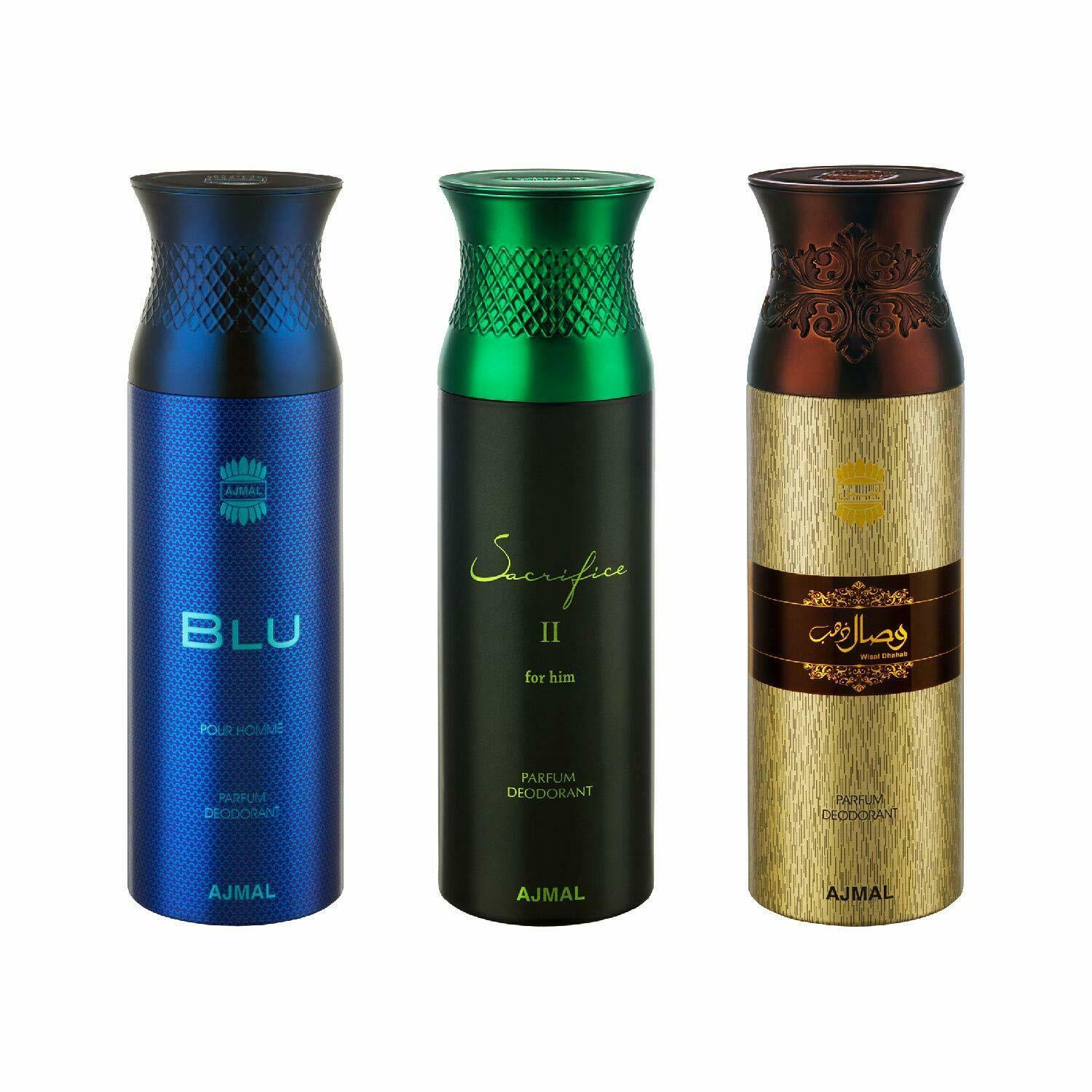 Ajmal Blu & Sacrifice II & Wisal Dahab Deodorant Spray For Men Pack of 3 600ml - $27.02