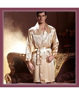 Men&#39;s Apricot Silk Long Sleeve Satin Robe with Silk Tie Sash Belt Front ... - $96.95