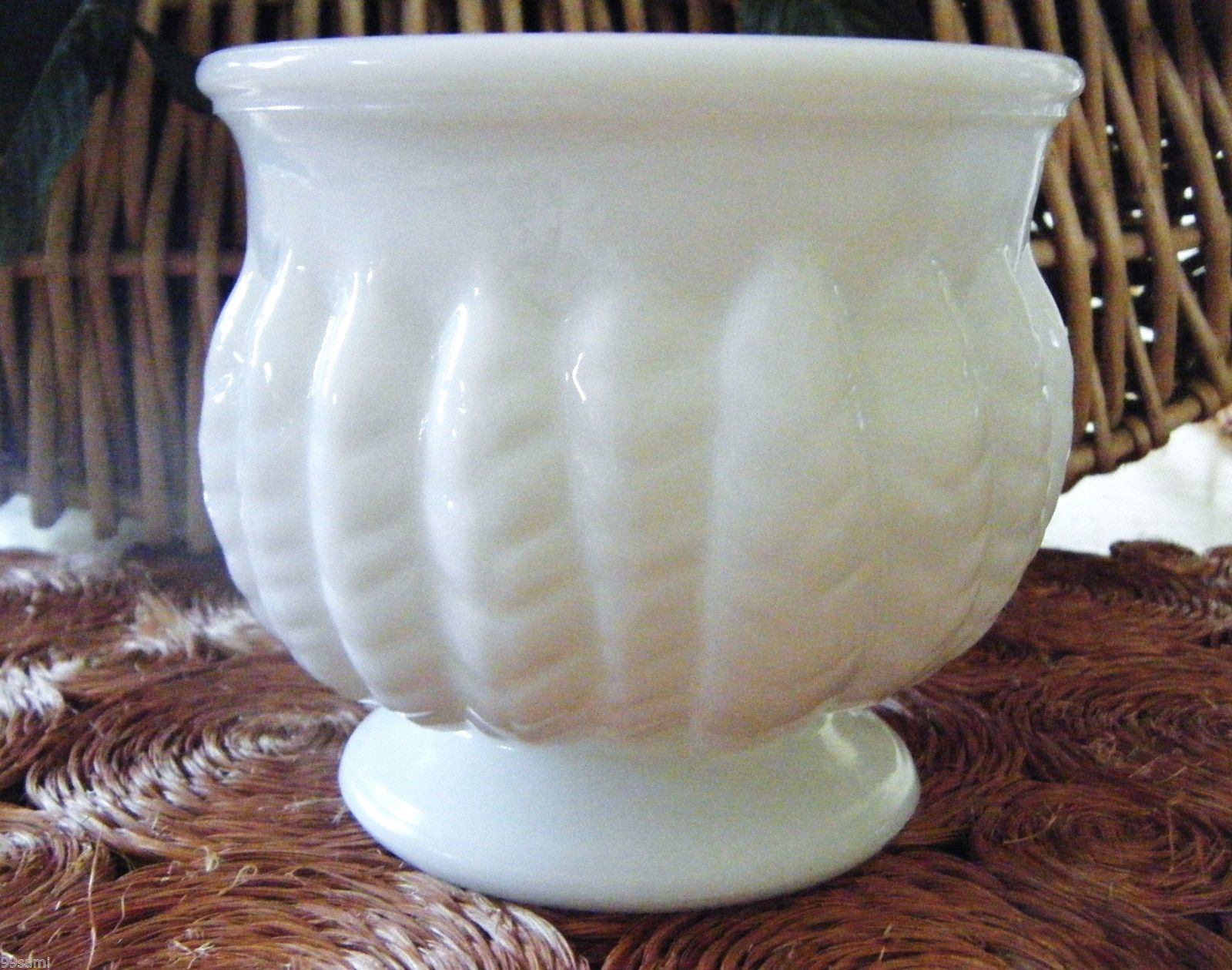 Randall White Milk Glass Footed Planter Urn Vase Wheat / Feathered
