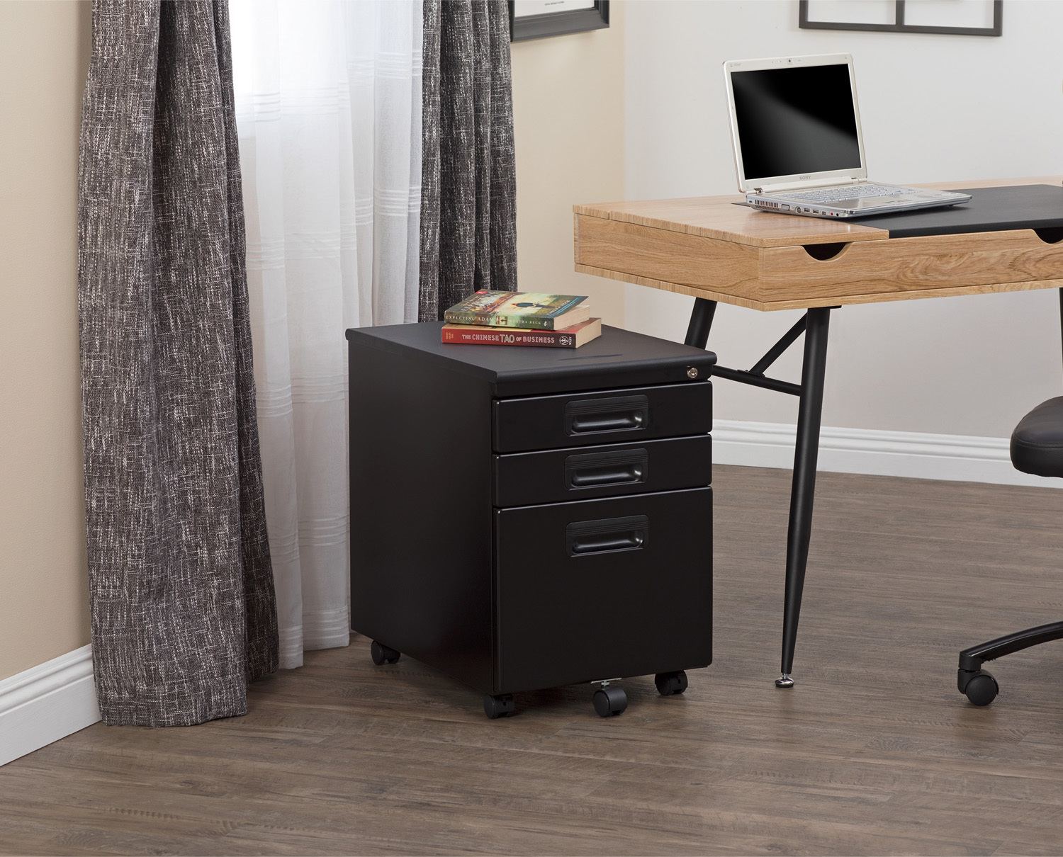 Silver Black Offex 3 Drawer Metal Rolling File Cabinet With