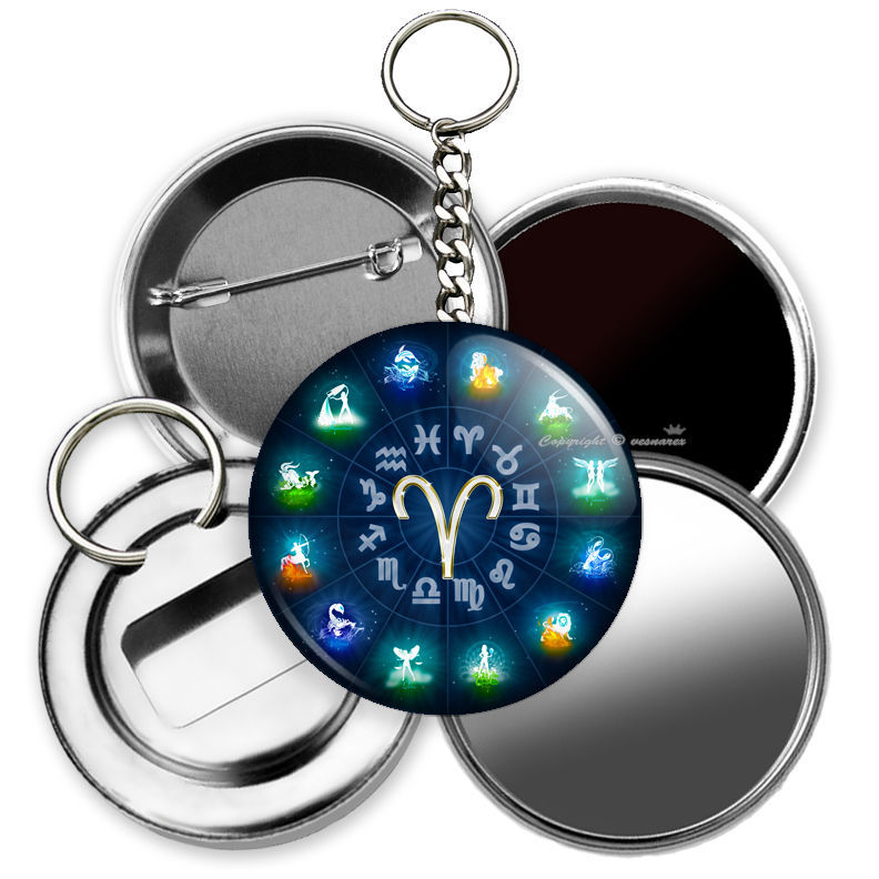 ARIES ASTRAL ZODIAC HOROSCOPE SIGN PIN BACK BUTTON HAND MIRROR KEYCHAIN KEY RING