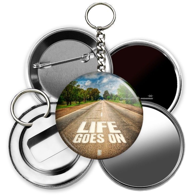 LIFE GOES ON OPEN ROAD QUOTE BUTTON POCKET MIRROR BOTTLE OPENER KEYCHAIN KEYRING