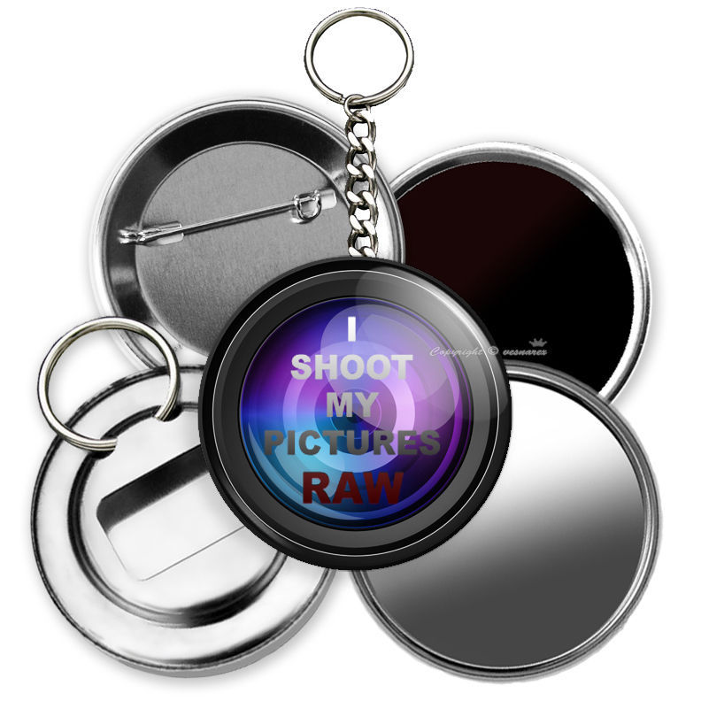 PIN BUTTON I SHOOT PICTURES RAW SLR DSLR CAMERA ZOOM LENS MIRROR KEY RING CHAIN