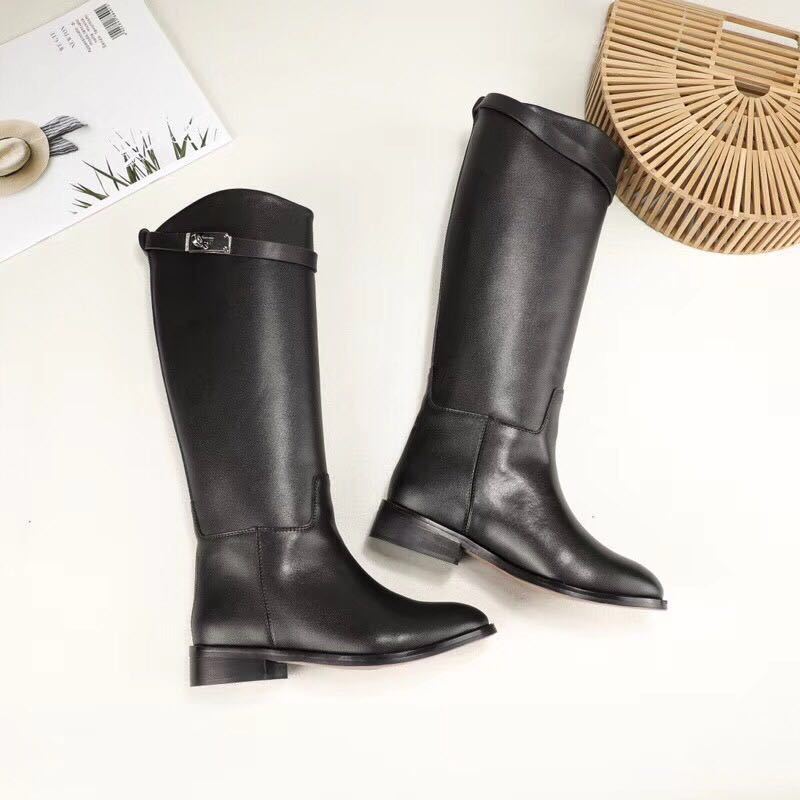 Sexy Women Motorcycle Booties Belt Strap Metal Lock Flat Heel Knee High ...