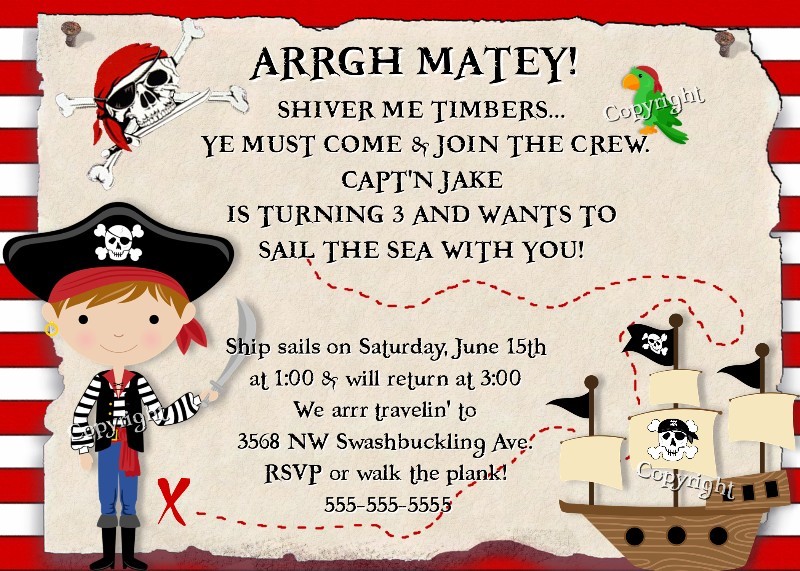 PIRATE Birthday Invitation Pirates Treasure Party Boy Girl Skull Ship ...