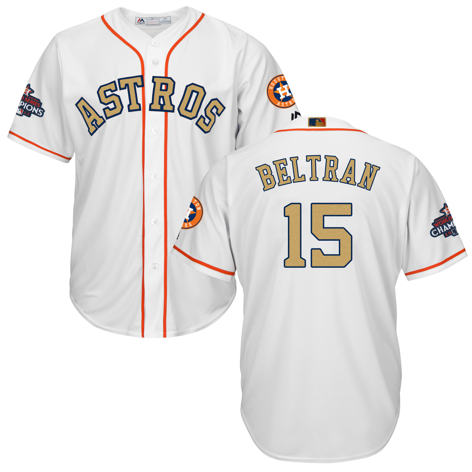 Men's Houston Astros 15 Carlos Beltran Jersey Sewn on Champions Gold