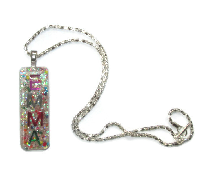 emma rectangle silver rainbow glitter resin name choker necklace
