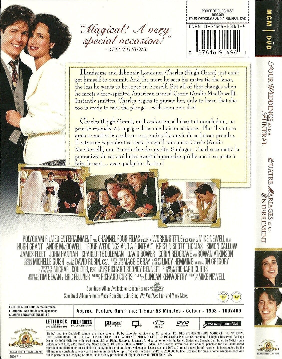 Four Weddings And A Funeral DVD Hugh Grant Andie MacDowell Rowan ...