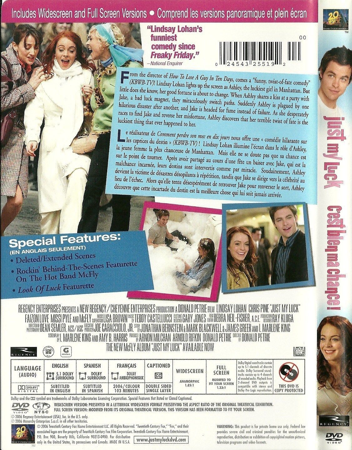 Just My Luck DVD Lindsay Lohan Chris Pine Full Screen and Widescreen ...