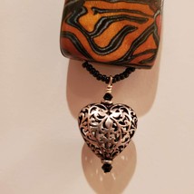 Vintage Necklace with Filagree Silver-tone Heart, Animal Print Block Pendant image 3