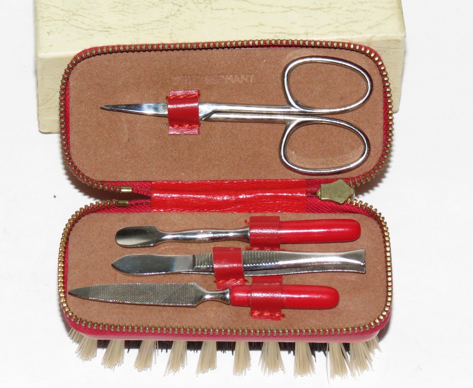 Vintage 1950s West Germany Red Leather Manicure Brush Set Combo, NOS
