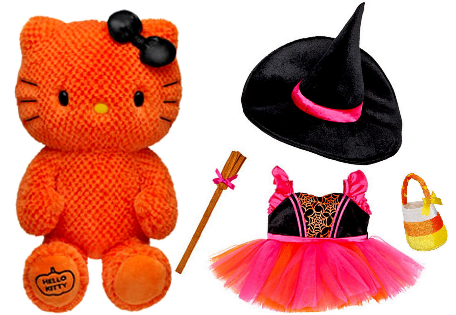 Build a Bear Orange Hello Kitty Halloween Witch 4pc. Costume 18in