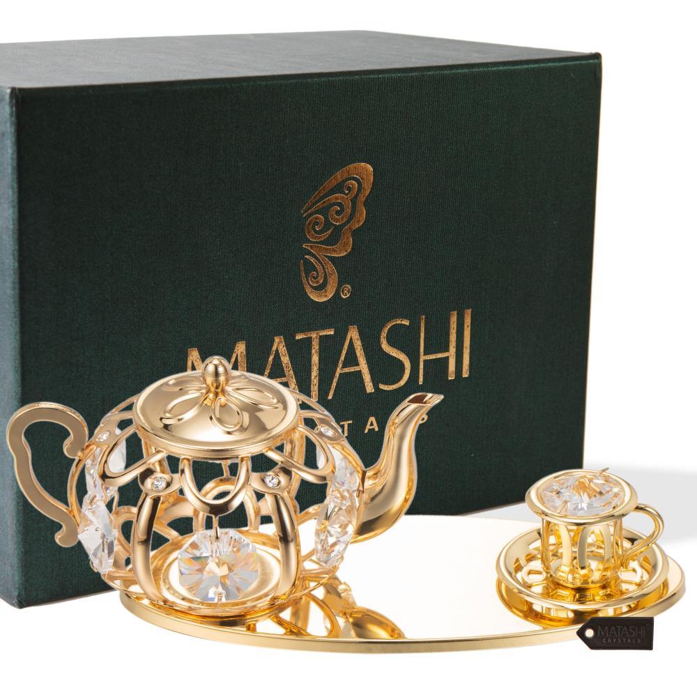 24K Gold Plated Tea Set Ornament Made with Genuine Matashi Crystals