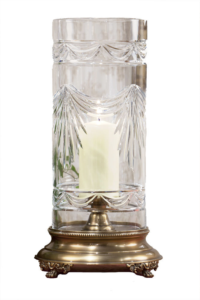 Elegant Large Antique Brass Swag Crystal Hurricane Pillar ...