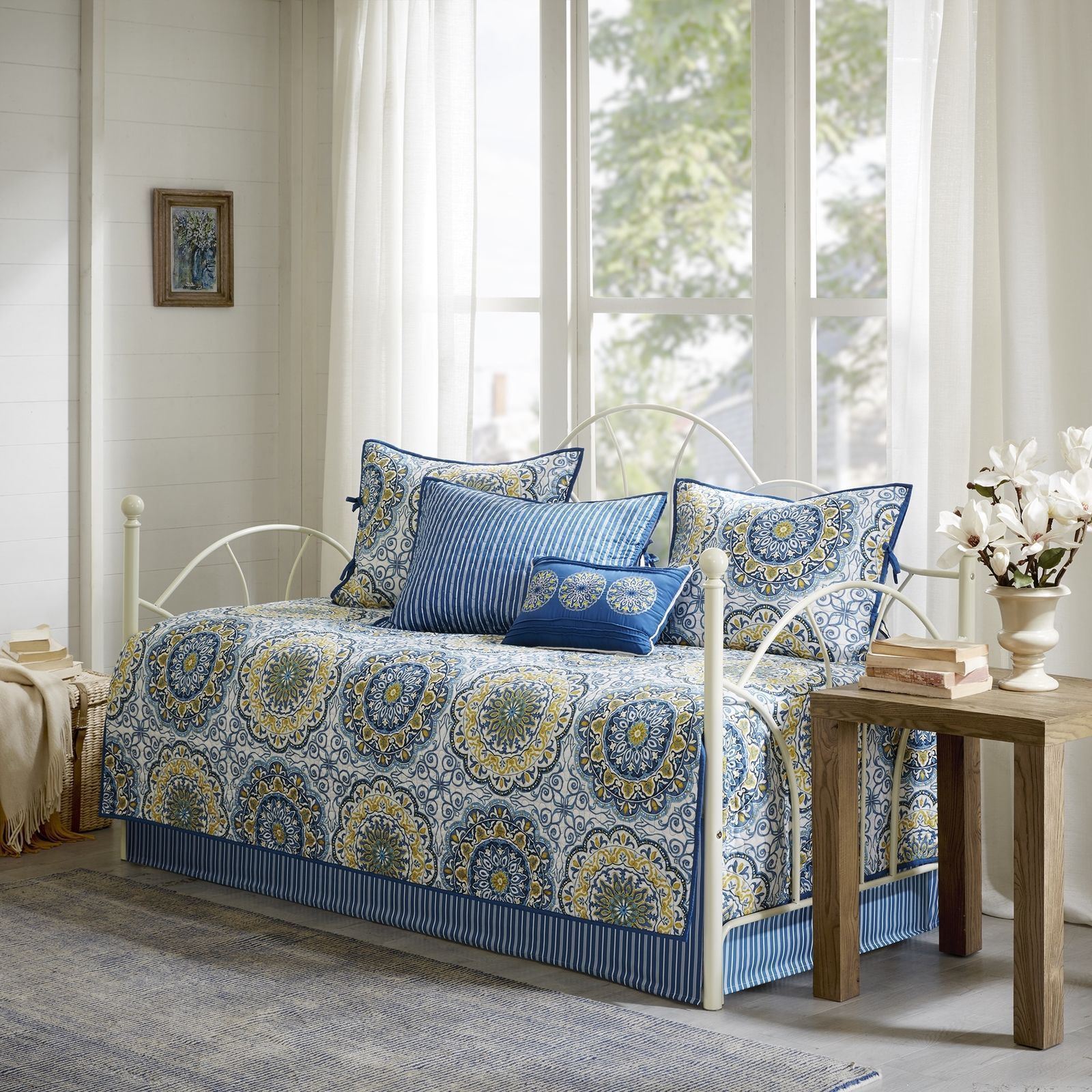 Blue Yellow Circle Stripe 6 piece pc Twin Daybed Set Quilted Cover