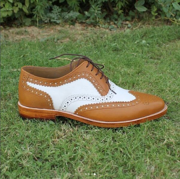 Handmade men two tone shoes, men white and tan spectator shoe, wingtip