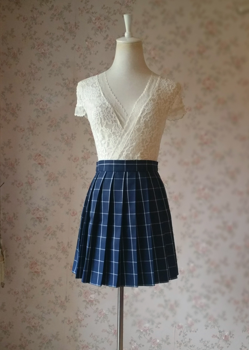 NAVY Blue PLAID Skirt Pleated Plaid Skirt School Mini Plaid Skirt US0 ...