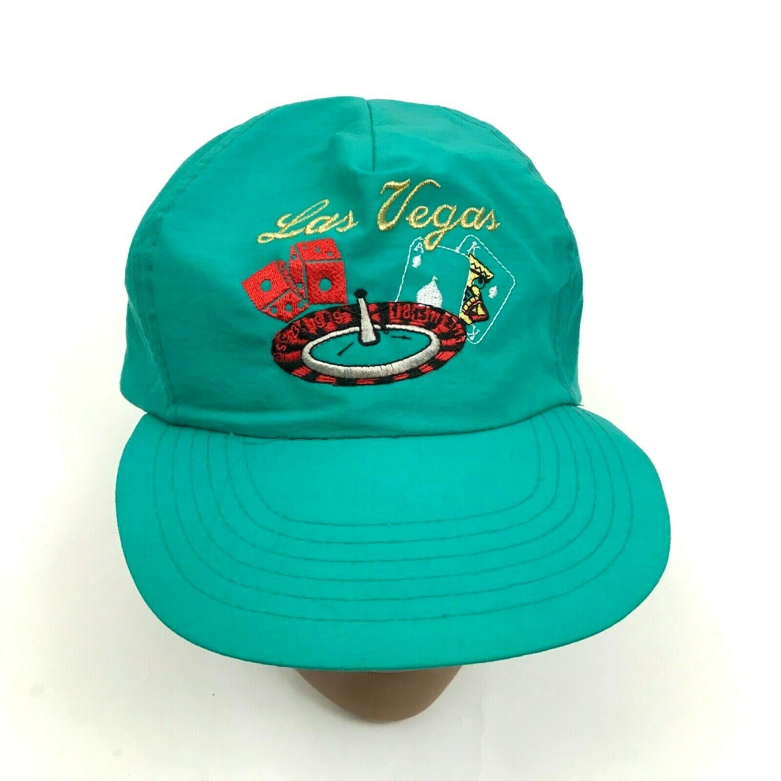 VINTAGE Las Vegas Nevada Hat Cap Teal Blue Nylon Embroidery One Size
