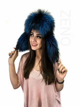 Silver Fox Fur Hat With Leather Trapper Hat Saga Furs Blue Color Ushanka Hat image 3