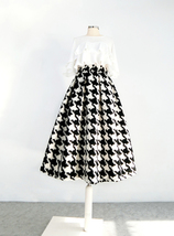 Women Black Houndstooth Skirt Winter Houndstooth Pleated Wool Party Skirt Plus