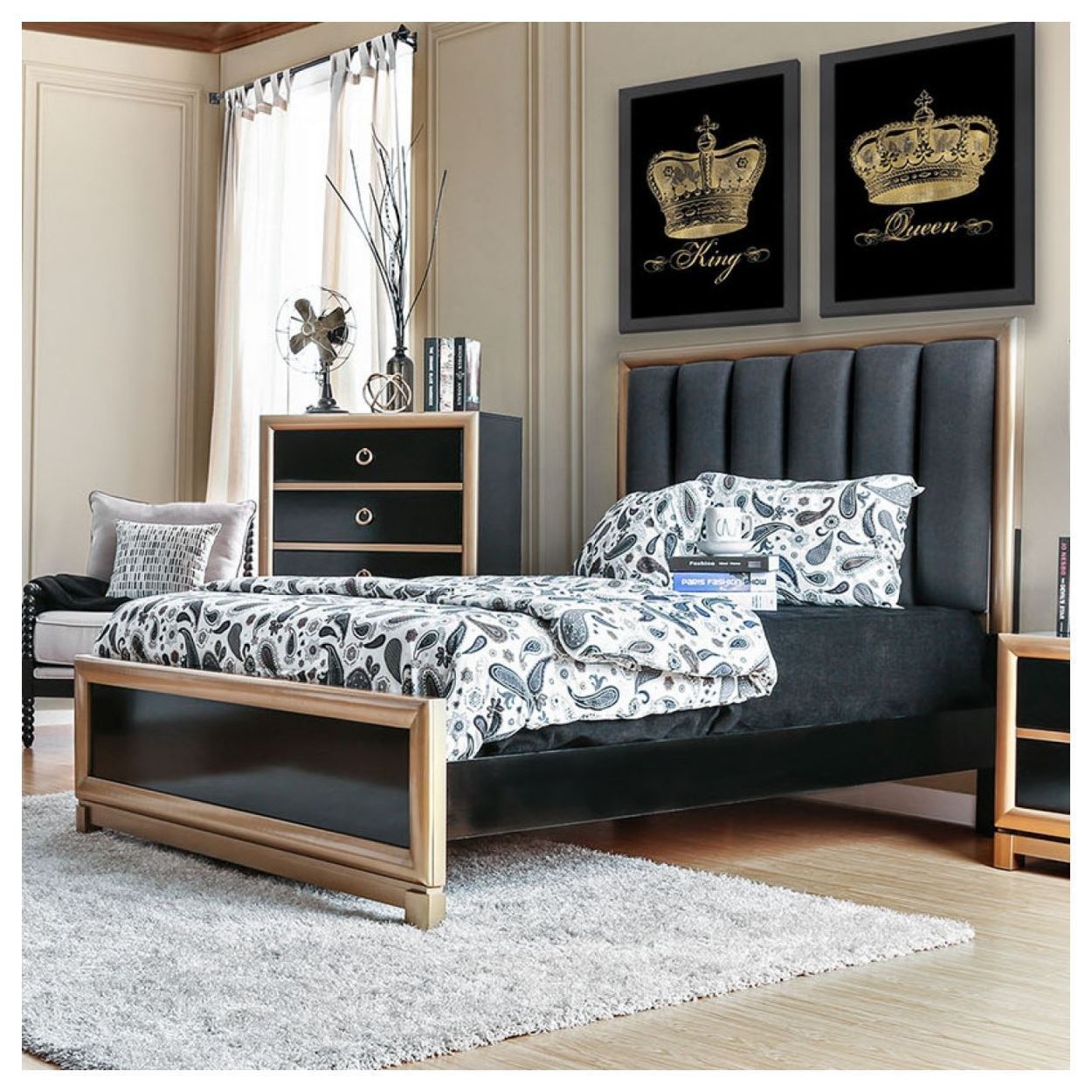 Hillrise Contemporary Fabric Headboard Queen Bed in Black with Gold