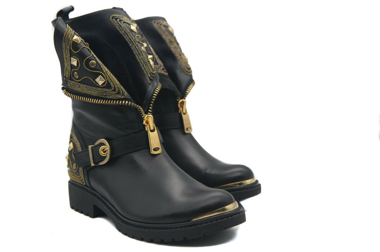 Biker Boots Black Leather Embellished Gold Stud Front and Side Zip and Buckle Boots