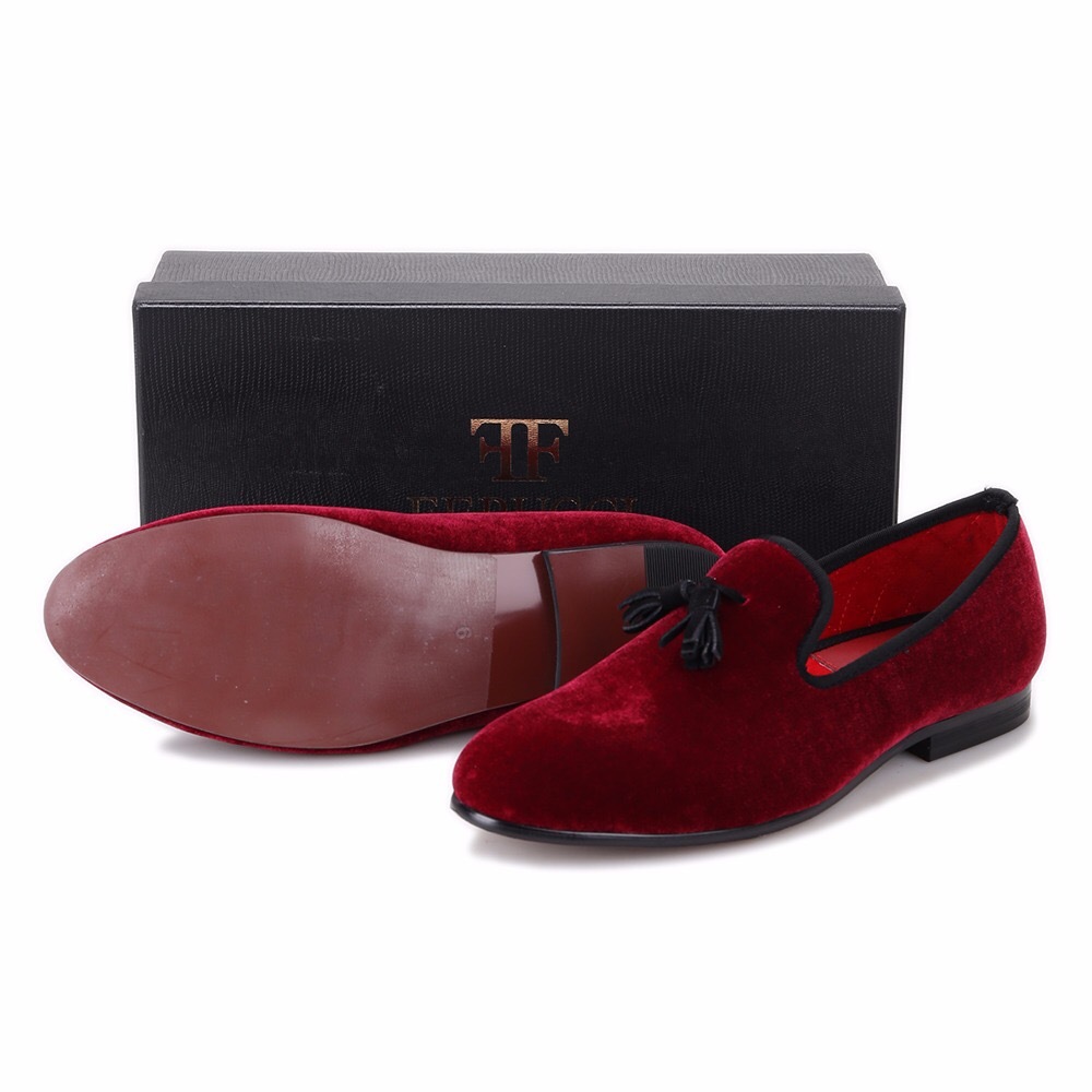 Handmade FERUCCI Burgundy Men Velvet Slippers loafers with Black Tassel