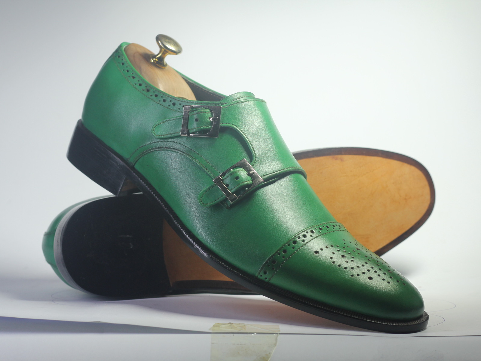 Handmade Men Green Cap Toe Brogue Double Monk Shoes, Men Leather Designer Shoes