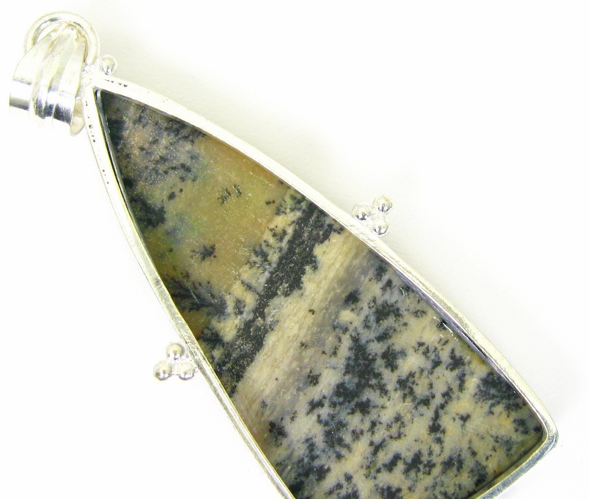 Modern Stylized Dendritic Moss Agate Shield Sterling Silver Pendant 925