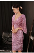 PINK Sequin Midi Dress Party GOWNS Bat Sleeved Vintage Inspired Sequin Dresses image 2