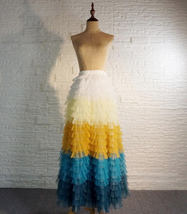 Women Yellow Blue Tiered Maxi Skirt Outfit High Waisted Wedding Full Tulle Skirt image 4