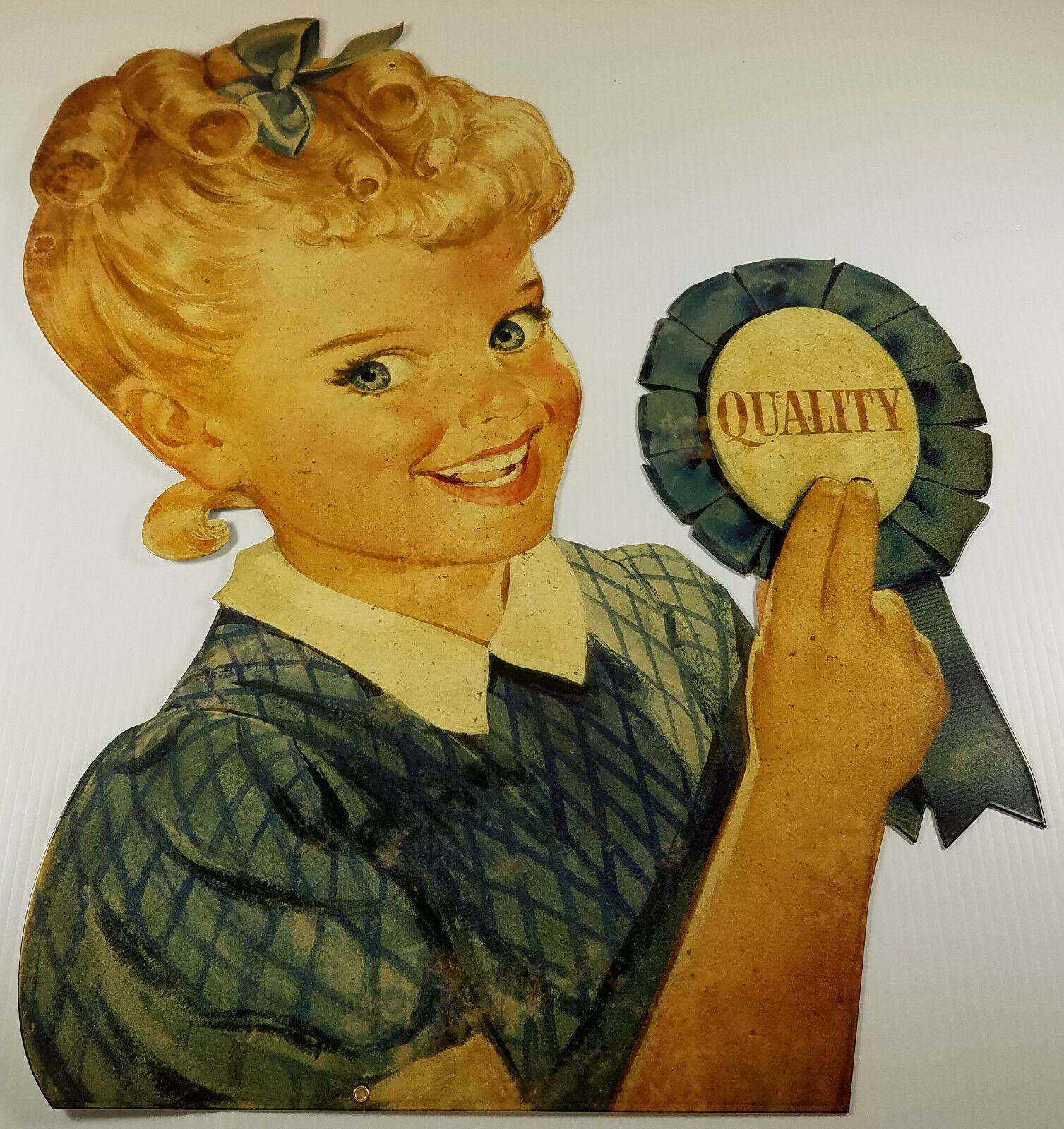 SUNBEAM BREAD BLONDE GIRL HOLDS QUALITY BLUE RIBBON HEAVY DUTY METAL ADV SIGN Bread