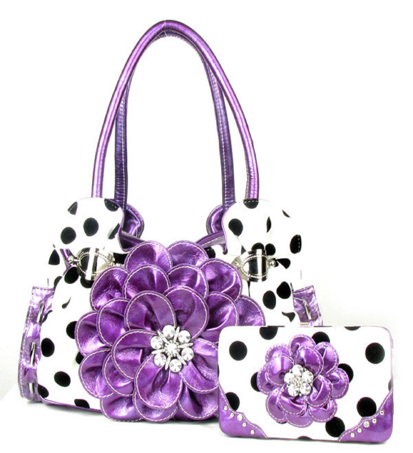 Polka Dot Flower Rhinestone Purse W Matching Wallet - Handbags & Purses