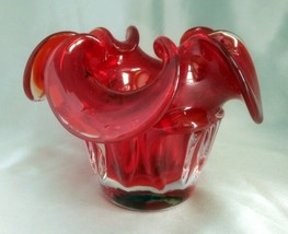 Murano Hand Blown Red/Clear Heavy Cased Glass Ruffled Floral Vase Figurine - $19.50