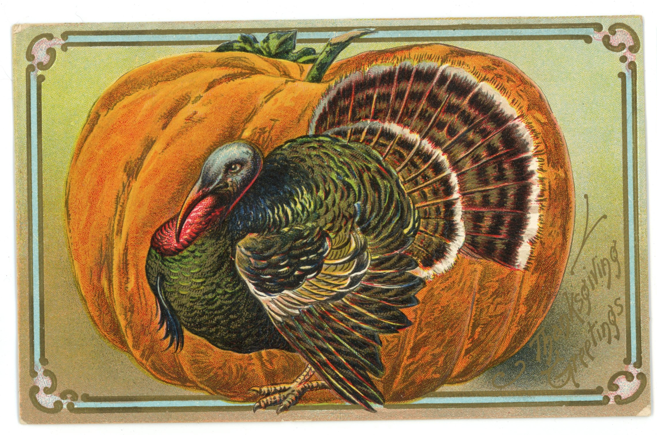 Thanksgiving Greetings vintage Victorian postcard pumpkin turkey - Holidays